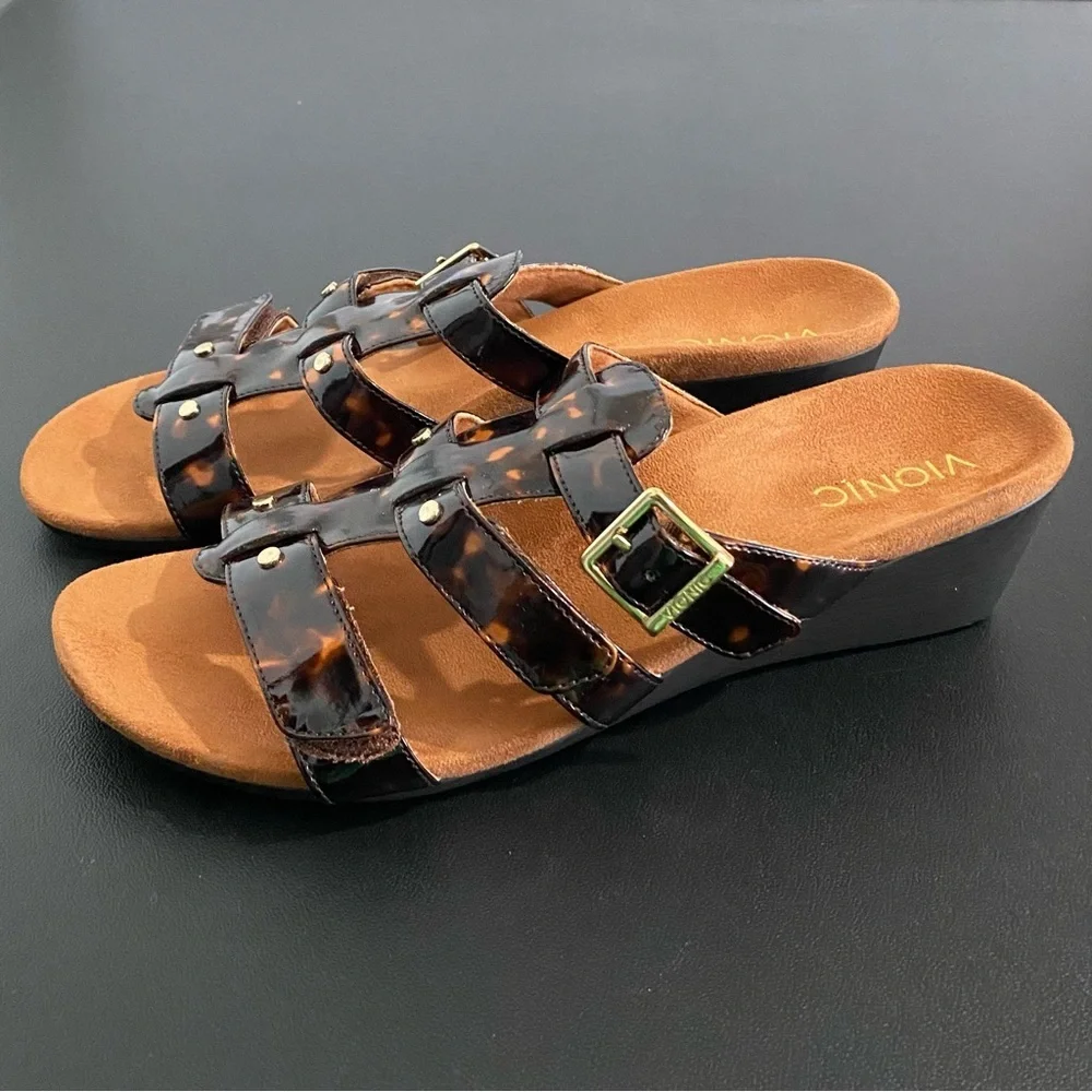 Vionic New Radia Wedge Heel Sandals Size 10 Tortoise Shell Black Brown Ajustable